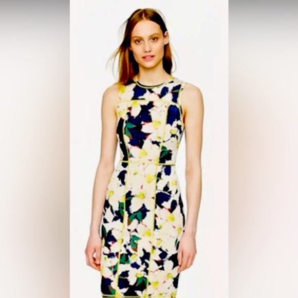 J Crew Neon Lime Acid 🥝 Green Trim Flower Floral Scuba Dress Blue Pink Ivory 🌴 - Picture 2 of 16